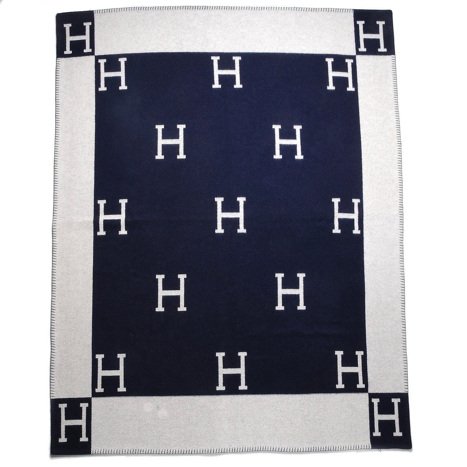 Hermes Wool Cashmere Signature Avalon Blanket Navy Ecru 1 of 5