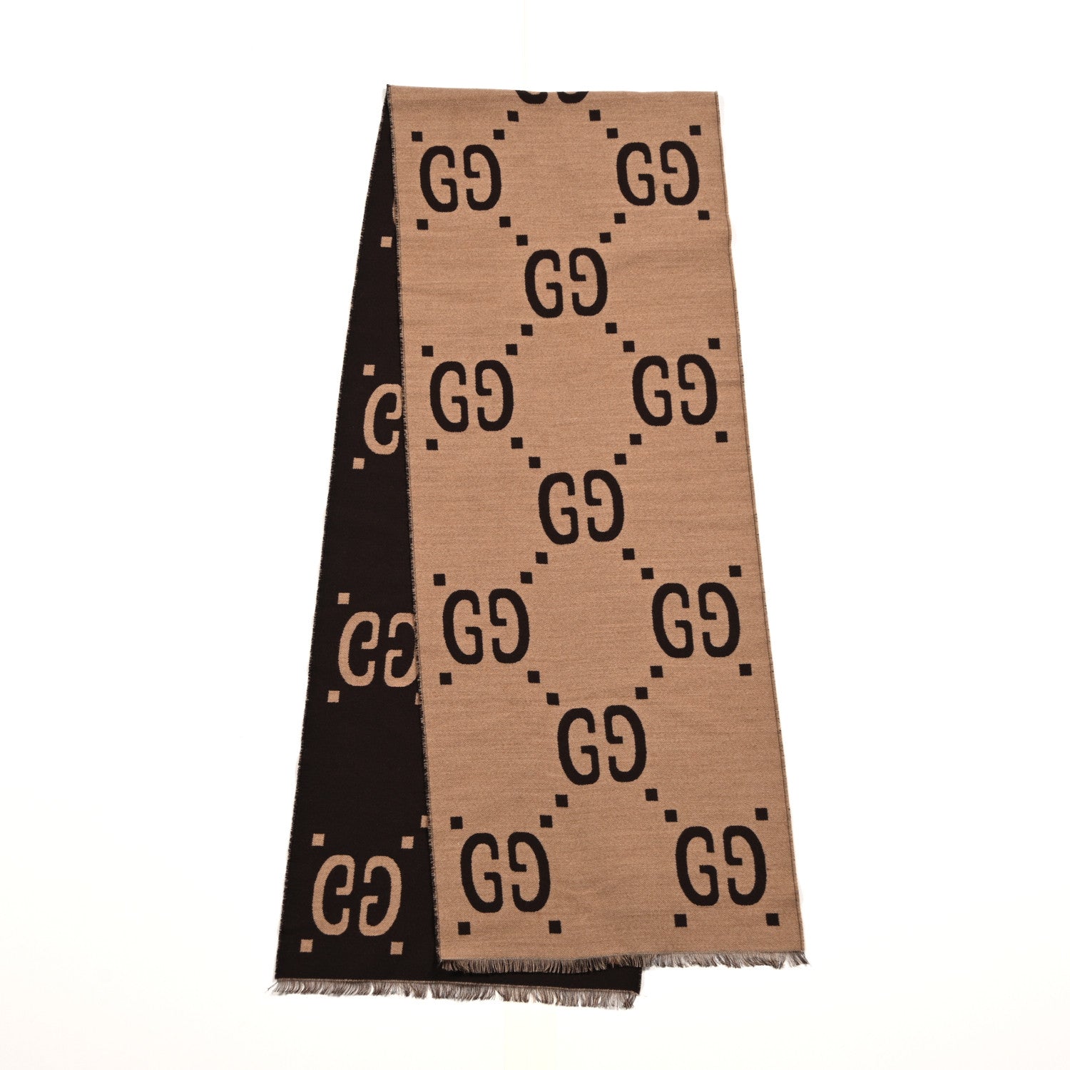 Gucci Wool Silk Monogram Jumbo GG Freedom Scarf Dark Brown Beige 2 of 4