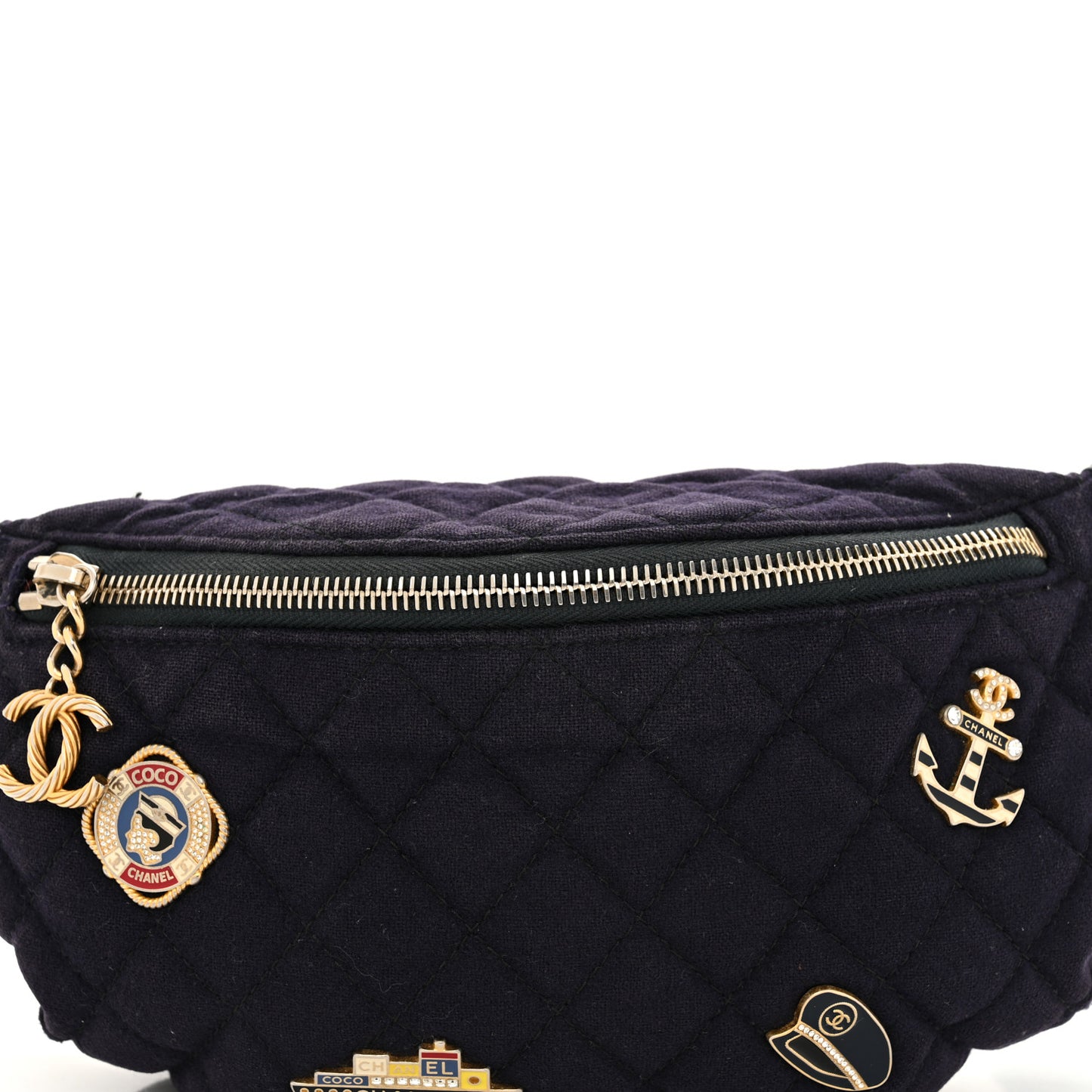 Wool Lambskin Quilted Paris Hamburg Charms Waist Bag Dark Navy