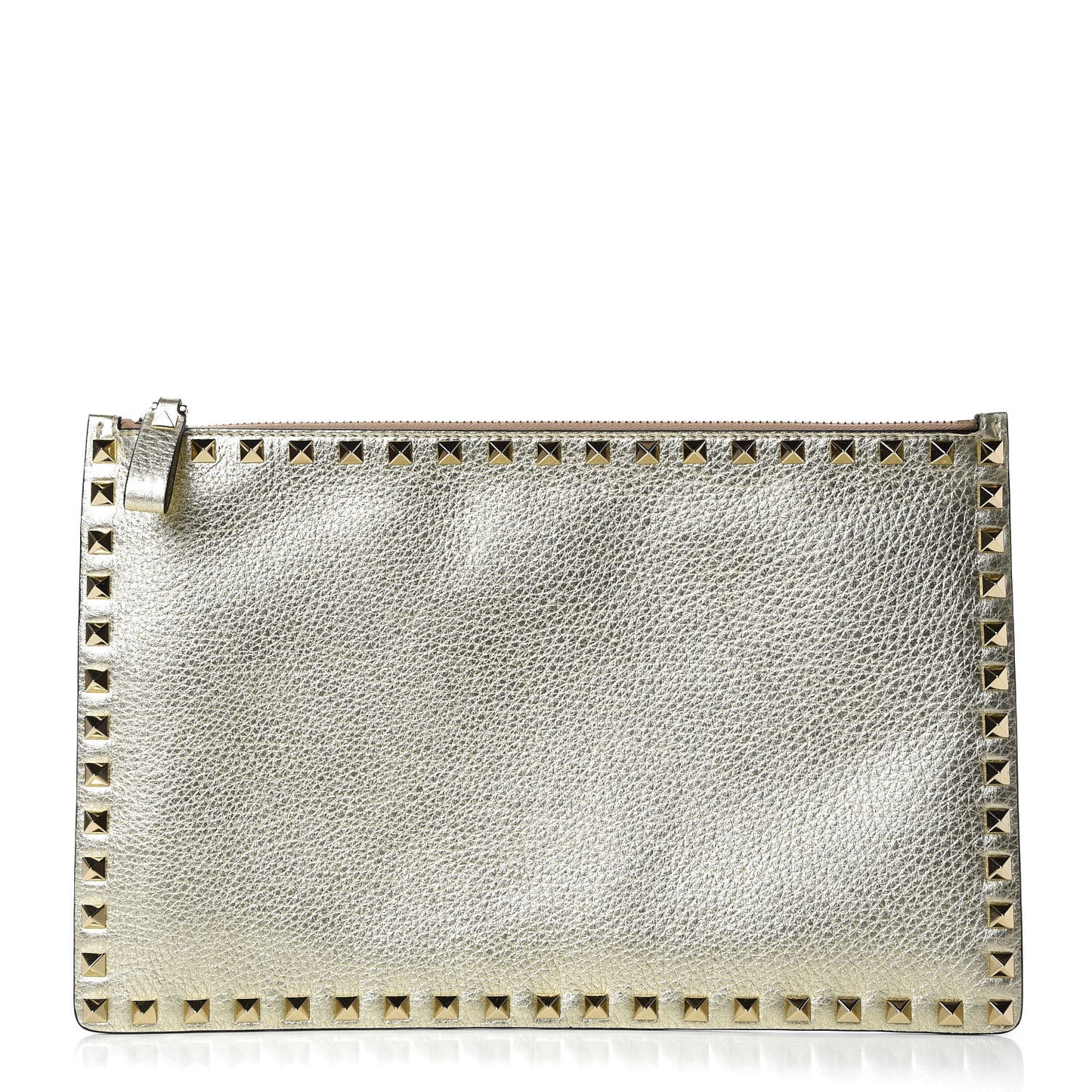 Grained Calfskin Large Rockstud Zip Pouch Platino
