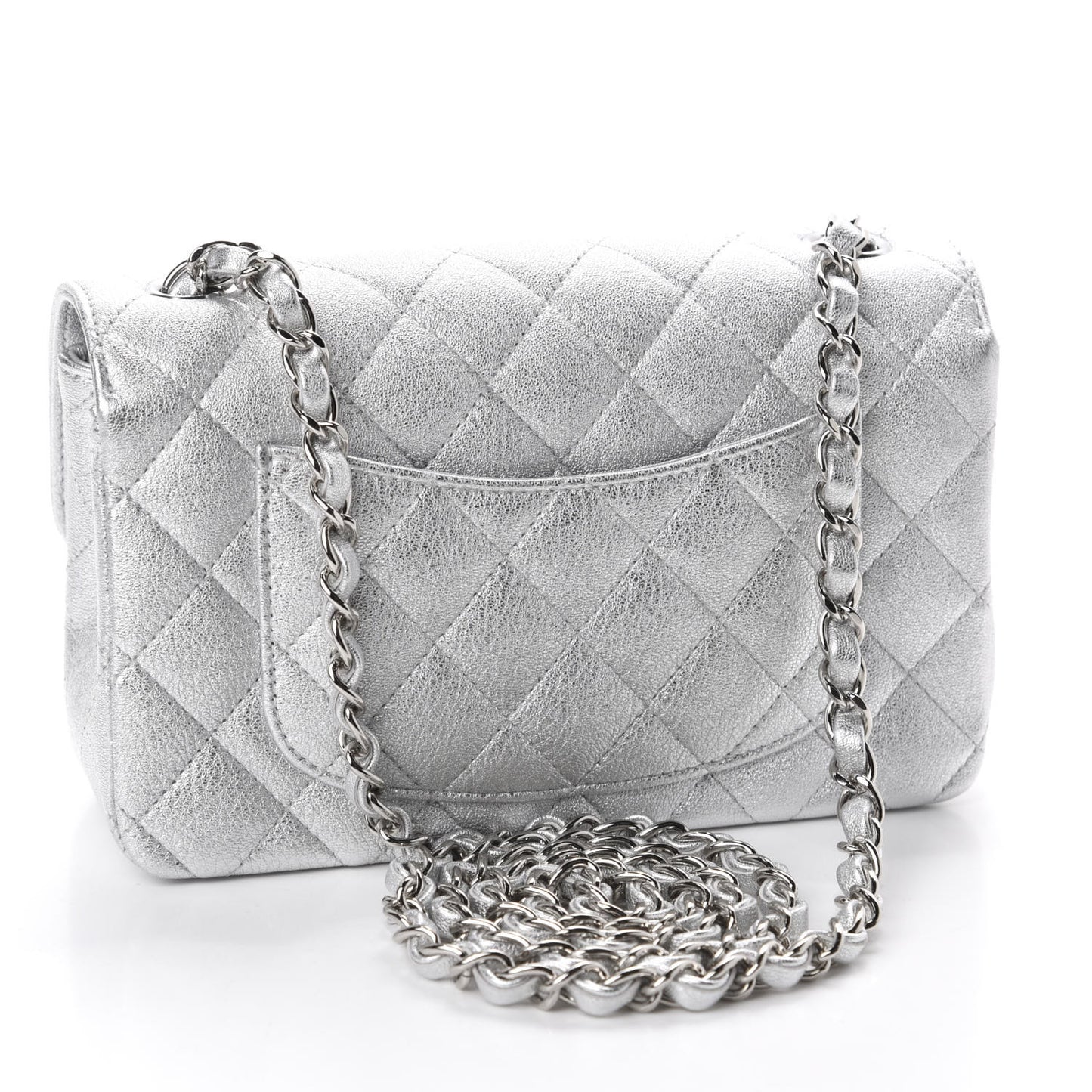Metallic Lambskin Quilted Mini Rectangular Flap Silver