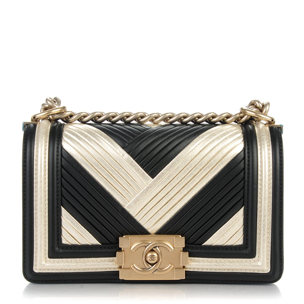 Metallic Calfskin Pleated Small Boy In Rome Flap Black Gold