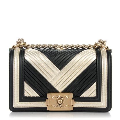 Chanel Metallic Calfskin Pleated Small Boy In Rome Flap Black Gold 1 of 7