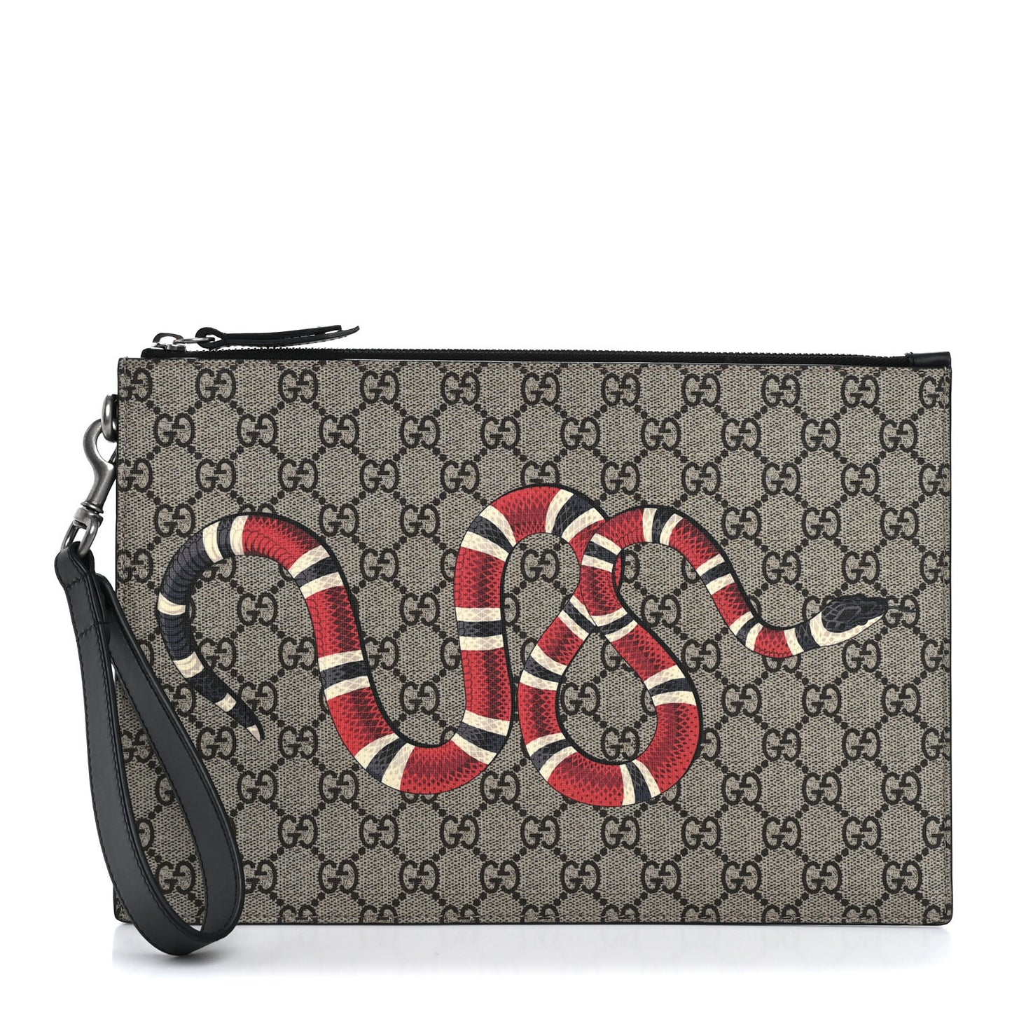 GG Supreme Monogram Kingsnake Zip Wristlet Pouch Beige Black