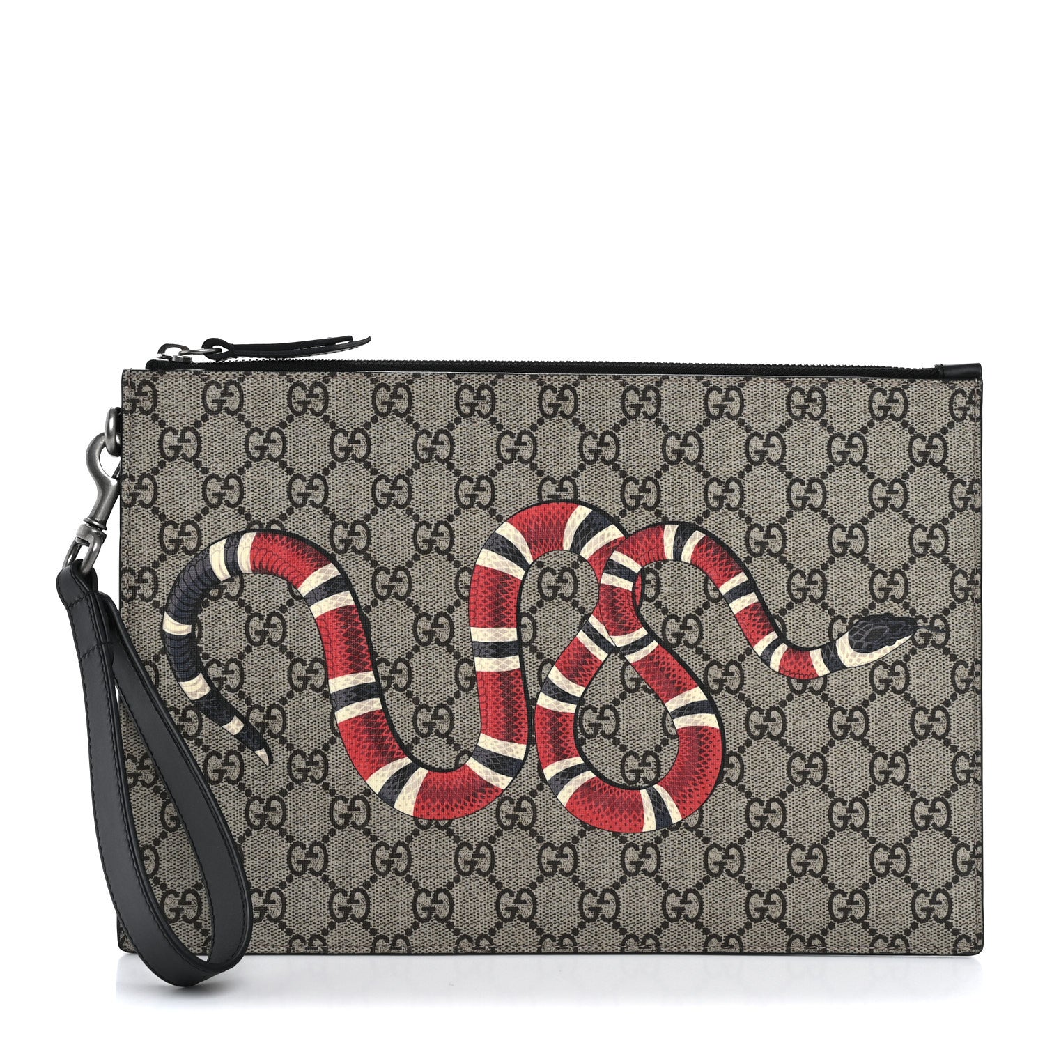 Gucci GG Supreme Monogram Kingsnake Zip Wristlet Pouch Beige Black 1 of 11