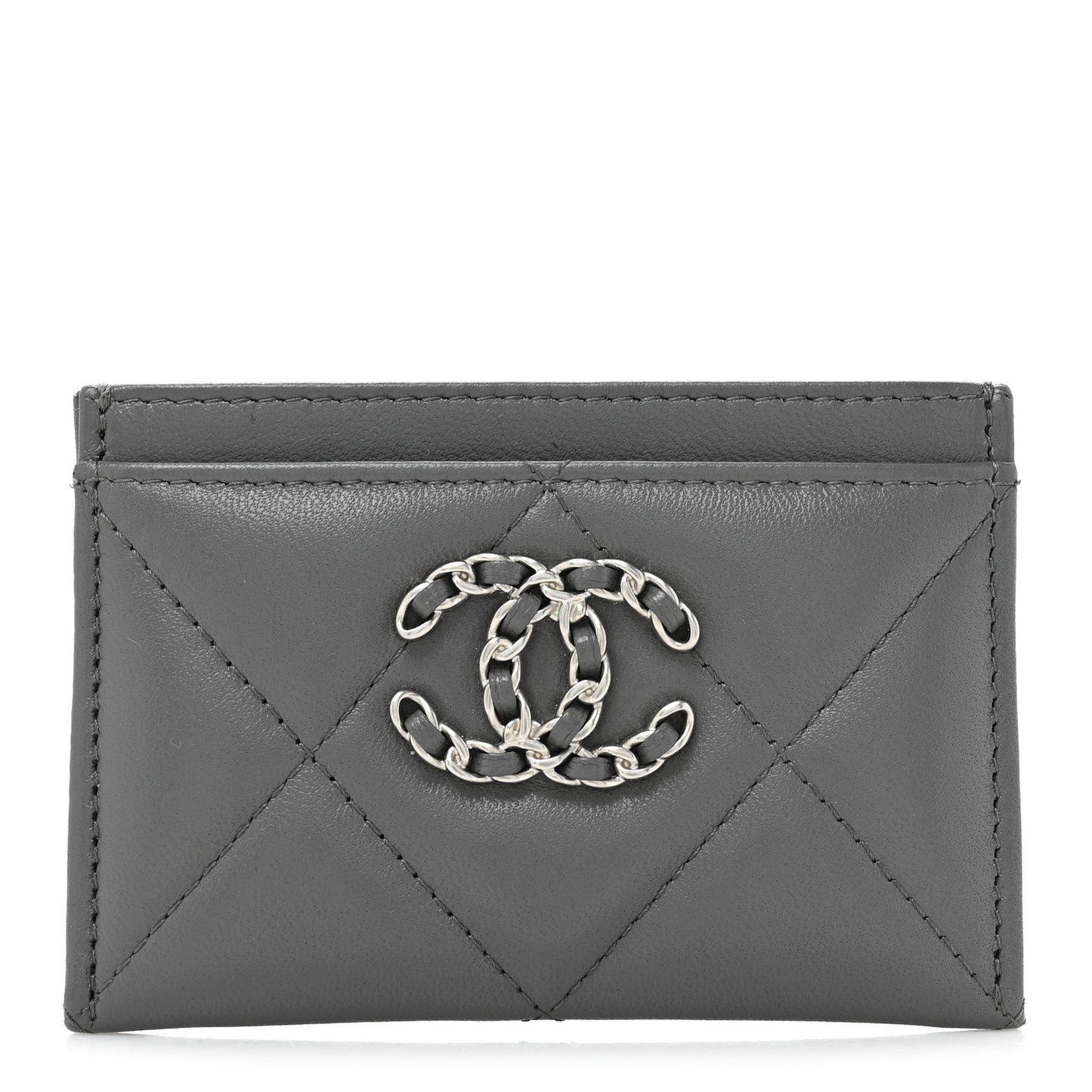 Lambskin Quilted Chanel 19 Card Holder Grey