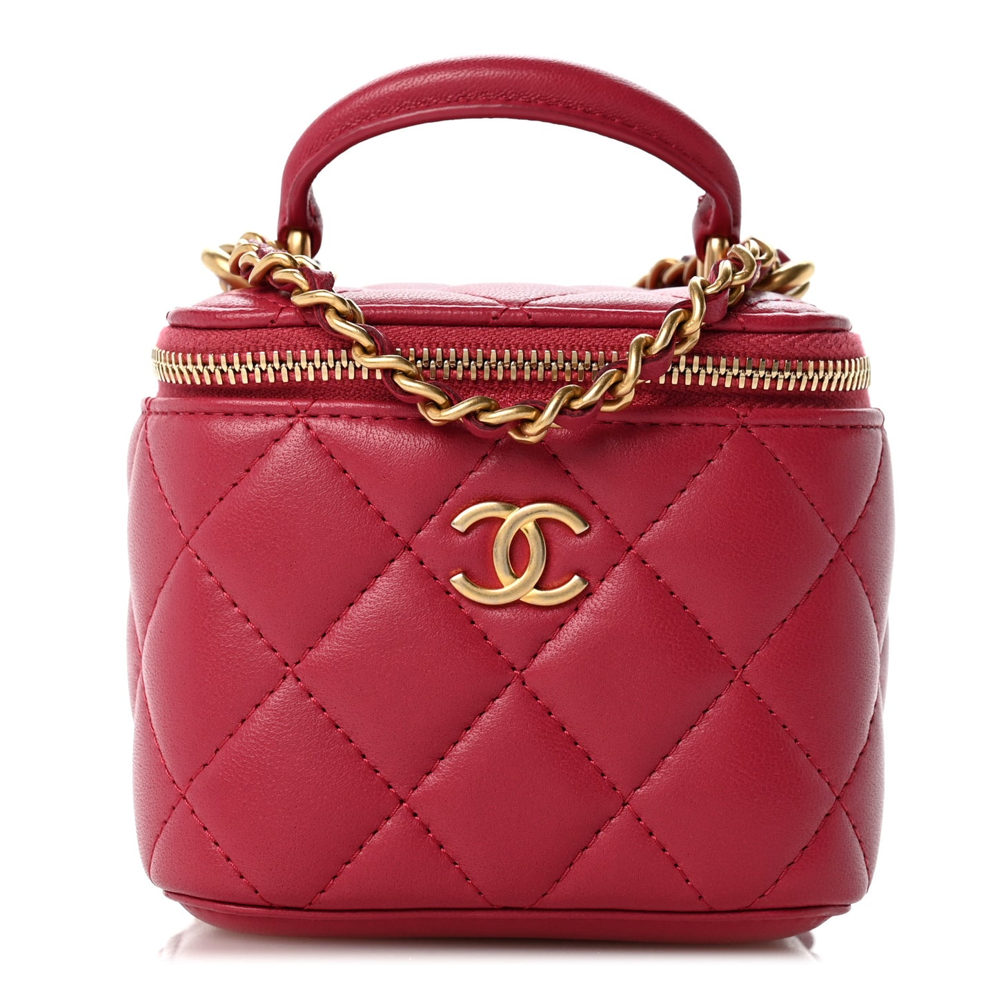 Lambskin Quilted Top Handle Mini Vanity Case With Chain Dark Pink