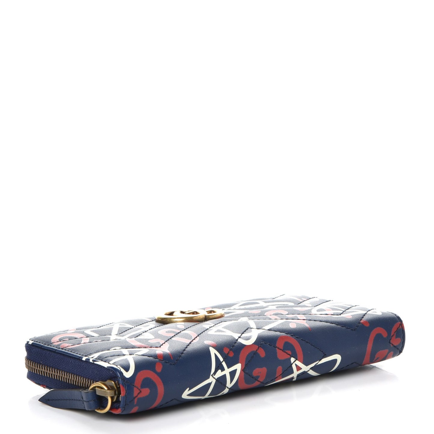 Calfskin Matelasse GucciGhost GG Marmont Zip Around Wallet Blue Agata Hibiscus Red