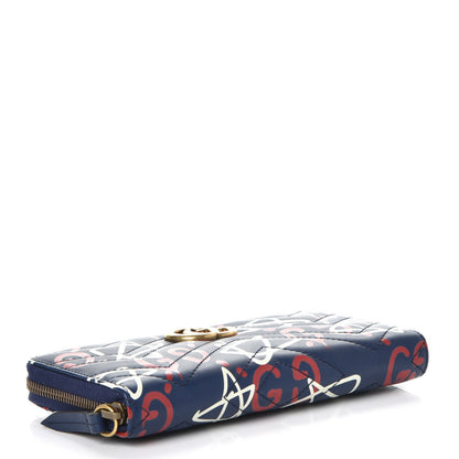 Gucci Calfskin Matelasse GucciGhost GG Marmont Zip Around Wallet Blue Agata Hibiscus Red 4 of 8