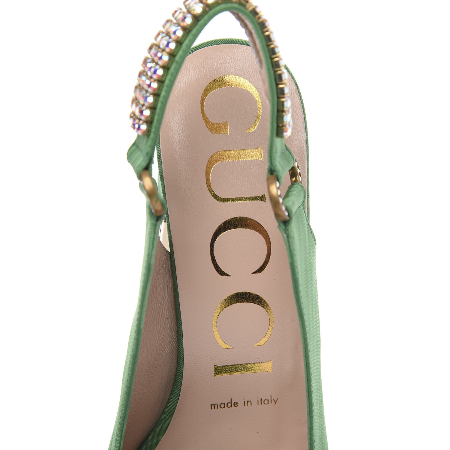 Gucci Moire Fabric Crystal Square G Madelyn Slingbacks 36 New Shamarock 6 of 10