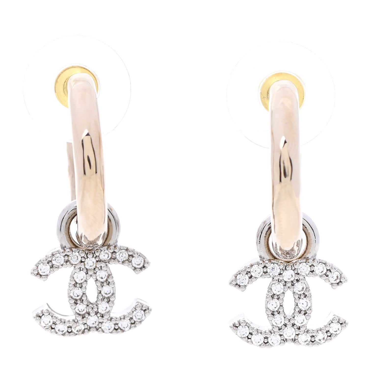 Chanel Metal Crystal CC Hoop Drop Earrings Gold 1 of 4