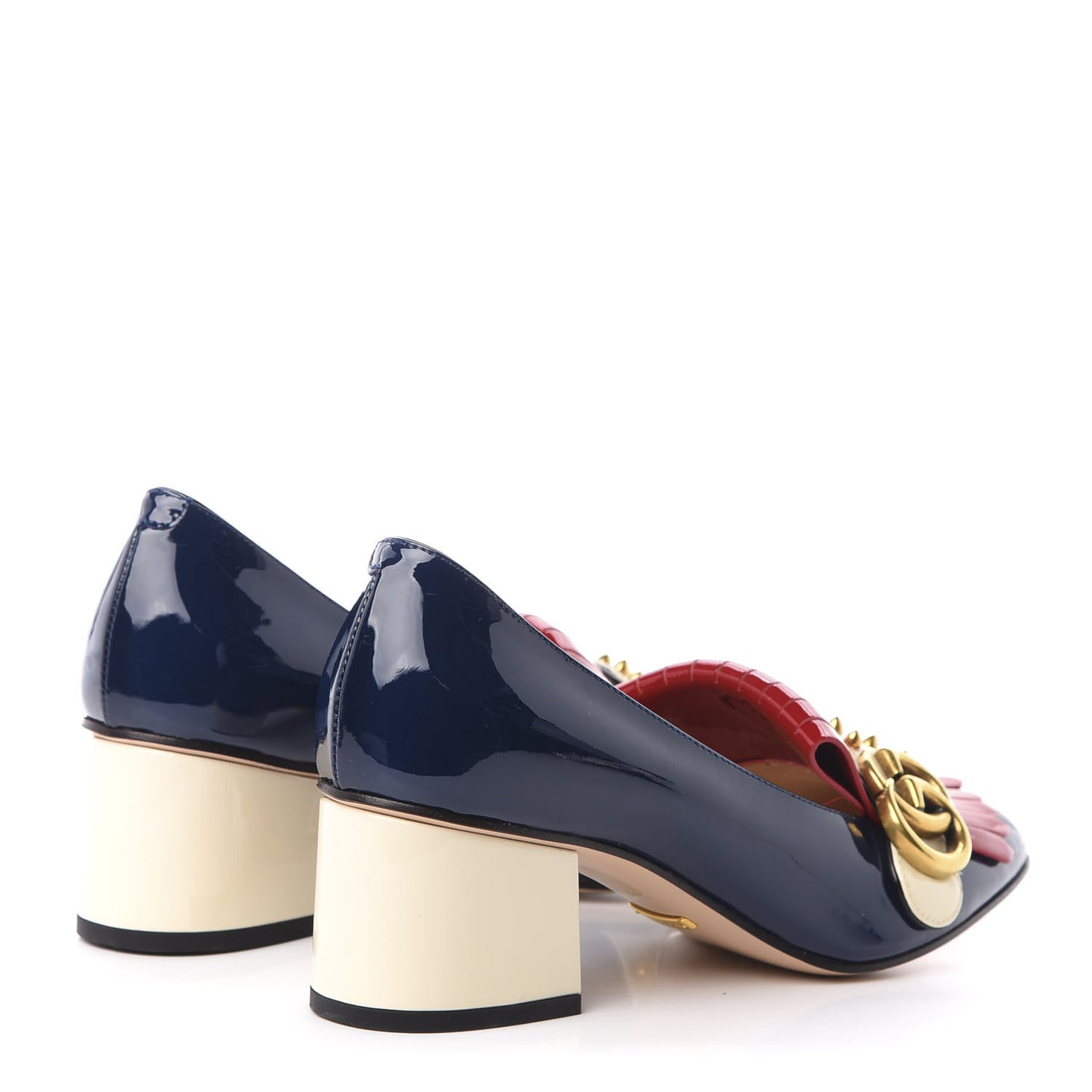 Vernice Studded GG Marmont Fringe 50mm Loafer Pumps 37 Blue Agata Hibiscus Red Mystic White