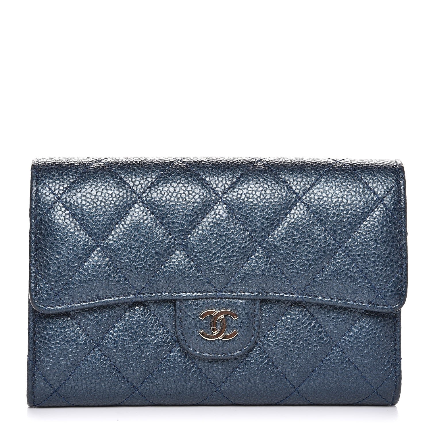 Chanel Metallic Caviar Quilted Small Flap Wallet Dark Blue 1 of 8