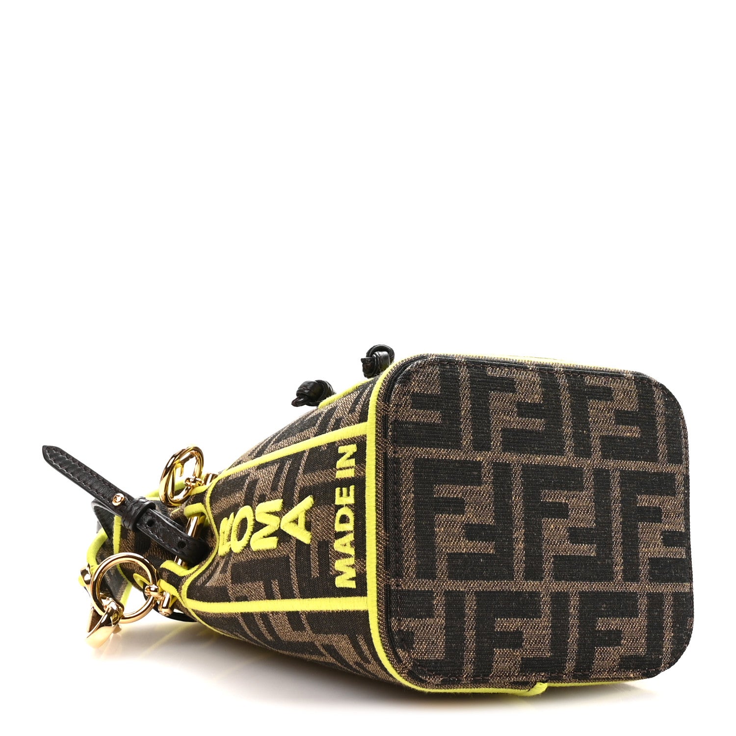 Fendi Fabric Jacquard Shiny Nappa FF 1974 Logo Threaded Edge Mini Mon Tresor Bucket Bag Tobacco Moro Giallo Fluo 3 of 9