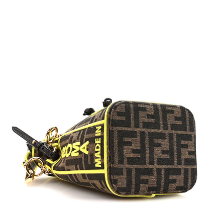 Fendi Fabric Jacquard Shiny Nappa FF 1974 Logo Threaded Edge Mini Mon Tresor Bucket Bag Tobacco Moro Giallo Fluo 3 of 9