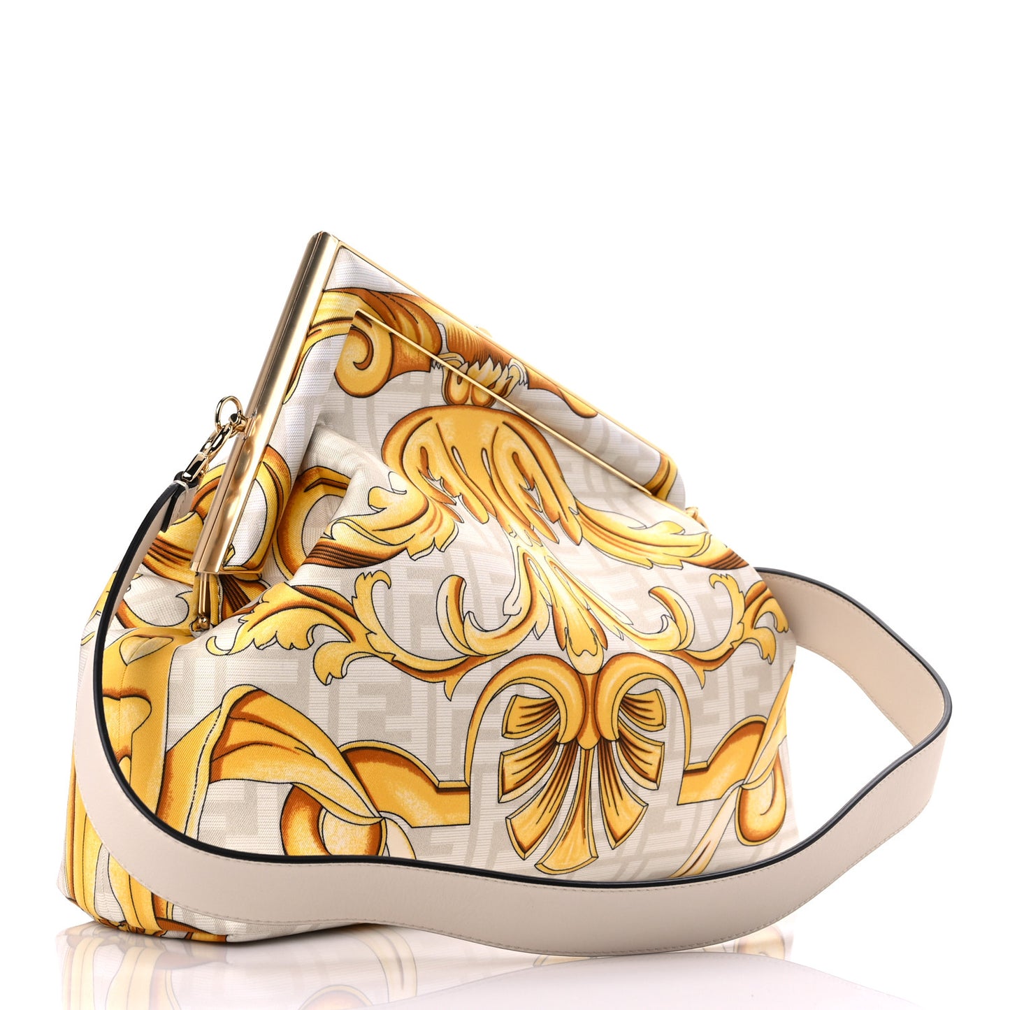 X VERSACE Silk Calfskin Fendace FF Baroque Print Medium Fendi First White Gold