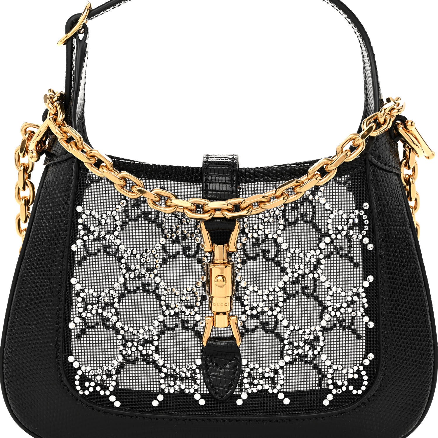 Gucci Lizard Mesh Crystal GG Monogram Mini Jackie 1961 Hobo Black 7 of 9