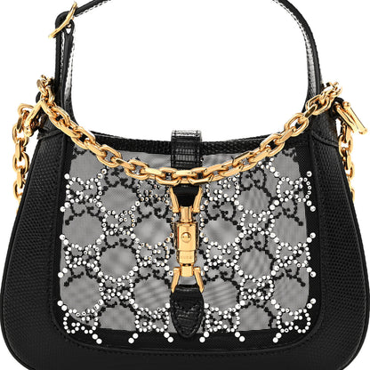 Gucci Lizard Mesh Crystal GG Monogram Mini Jackie 1961 Hobo Black 7 of 9