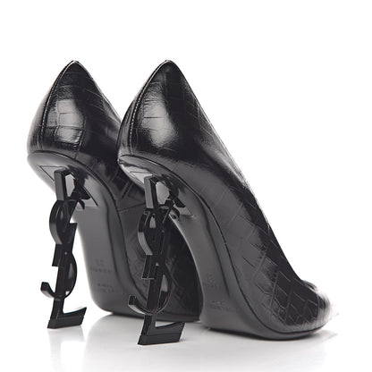 Saint Laurent Calfskin Crocodile Embossed Opyum 110 Pumps 38 Black 4 of 8