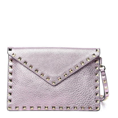Valentino Garavani Metallic Pebbled Calfskin Medium Rockstud Envelope Flat Wristlet Pouch Giacinto 1 of 8