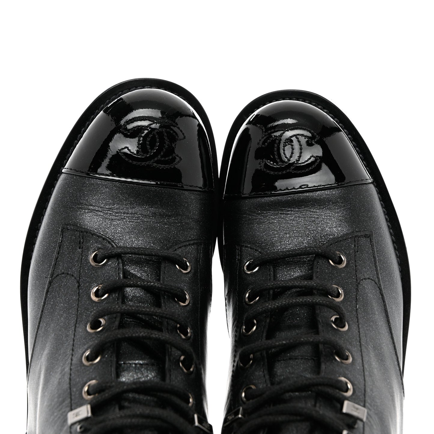 Iridescent Calfskin Patent Cap Toe Combat Boots 36.5 Black