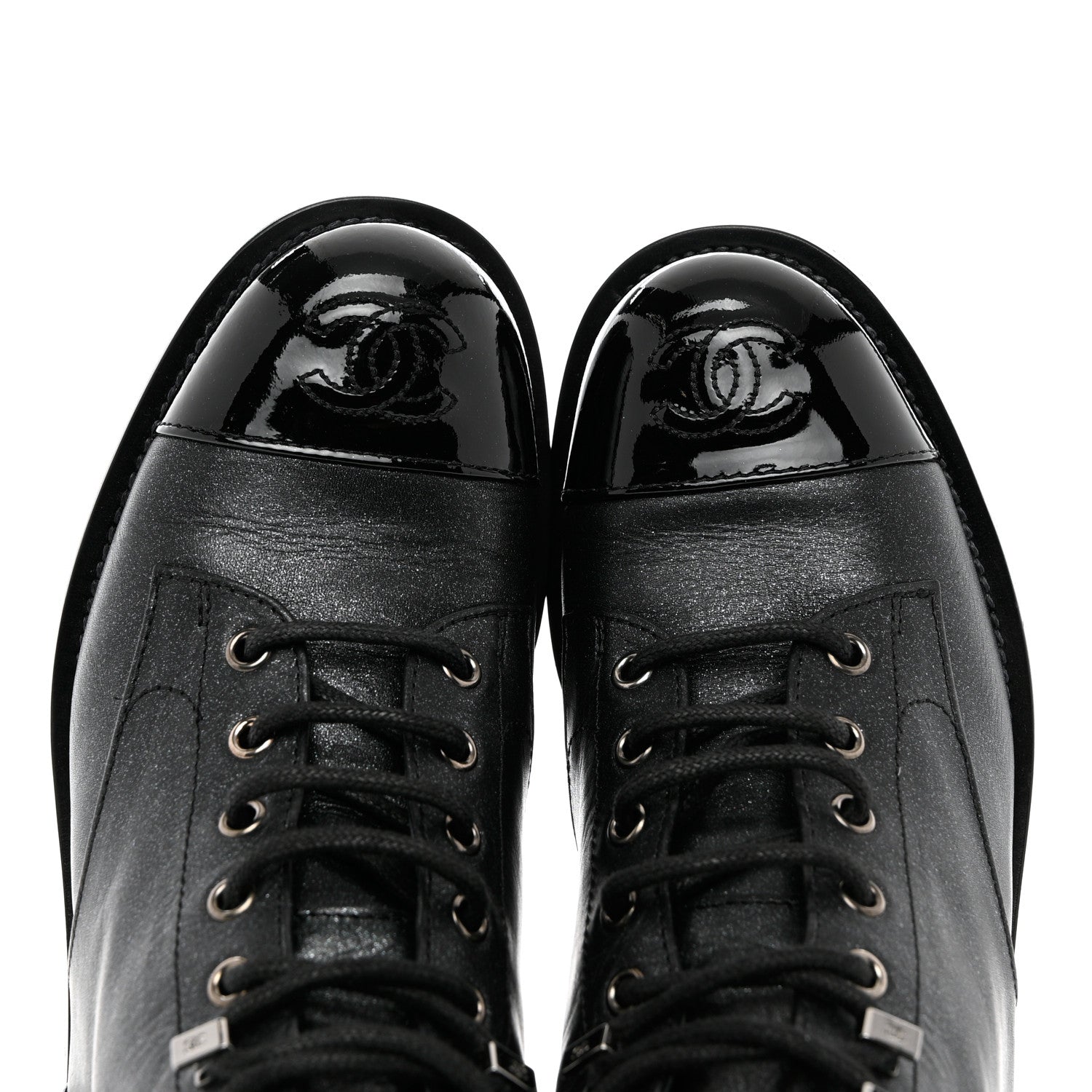 Chanel Iridescent Calfskin Patent Cap Toe Combat Boots 36.5 Black 9 of 10