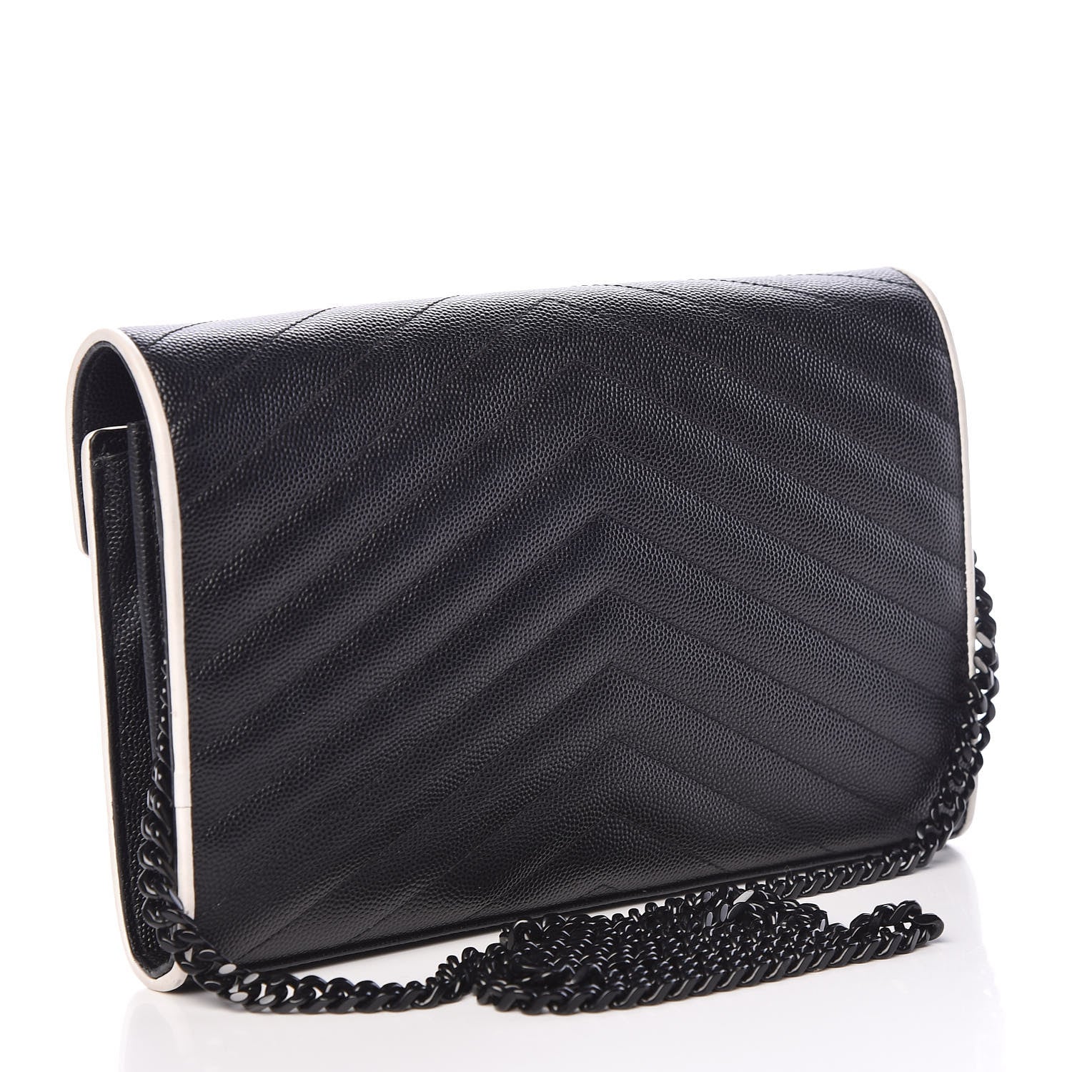 Saint Laurent Grain De Poudre Matelasse Chevron Monogram Chain Wallet Black White 3 of 16
