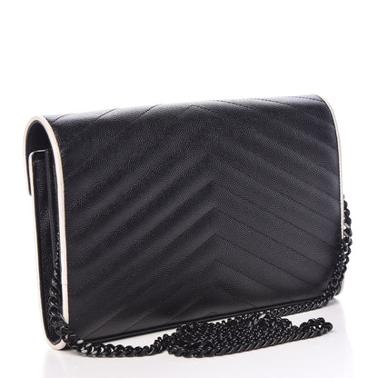 Saint Laurent Grain De Poudre Matelasse Chevron Monogram Chain Wallet Black White 3 of 16