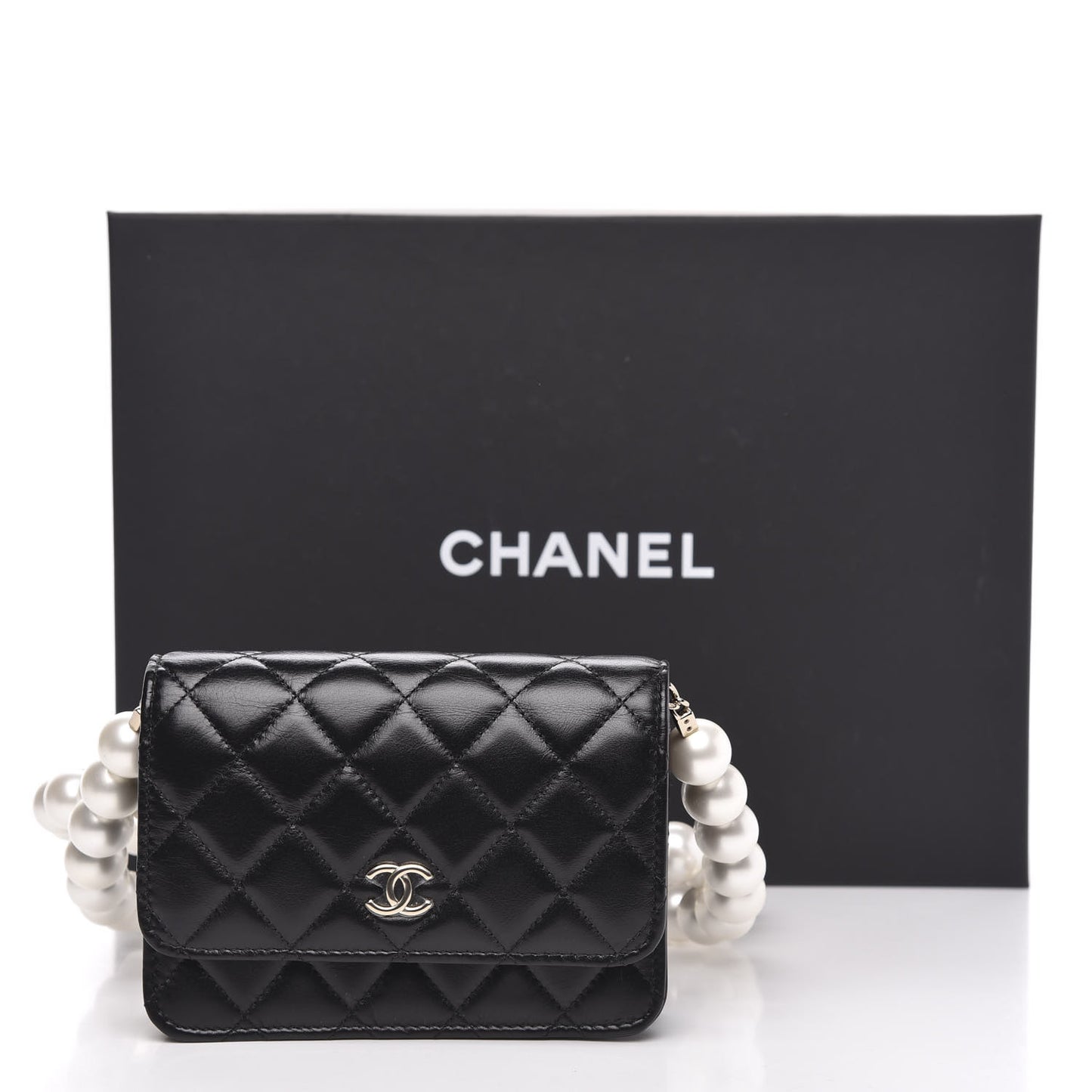 Calfskin Quilted Mini Maxi Pearls Wallet On Chain WOC Black