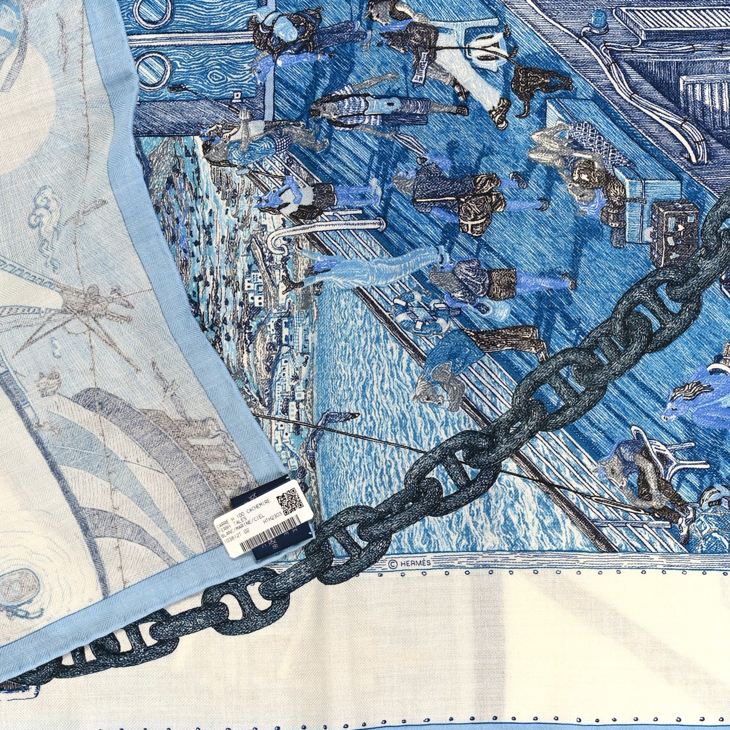 Hermes Cashmere Silk Ferry Tales Scarf 100 White Marine Ciel