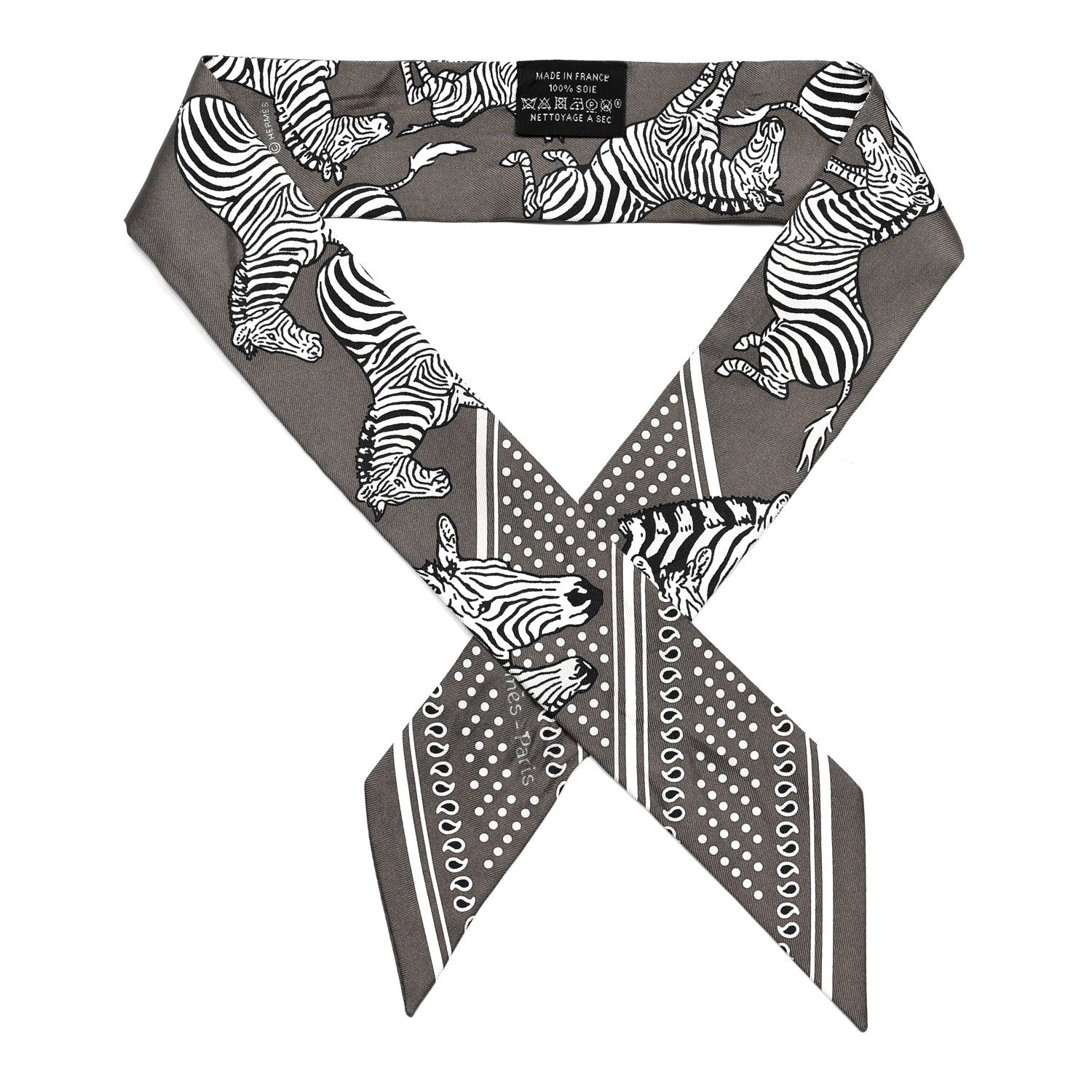 Hermes Silk Les Zebres Twilly Gris Taupe Black White 1 of 4