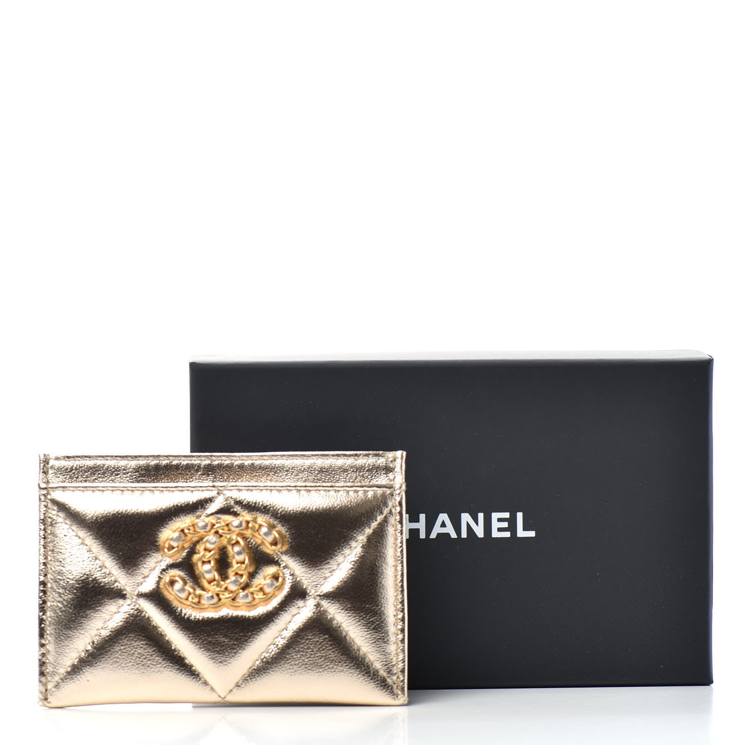 Chanel Metallic Goatskin Quilted Chanel 19 Card Holder Gold 8 of 8