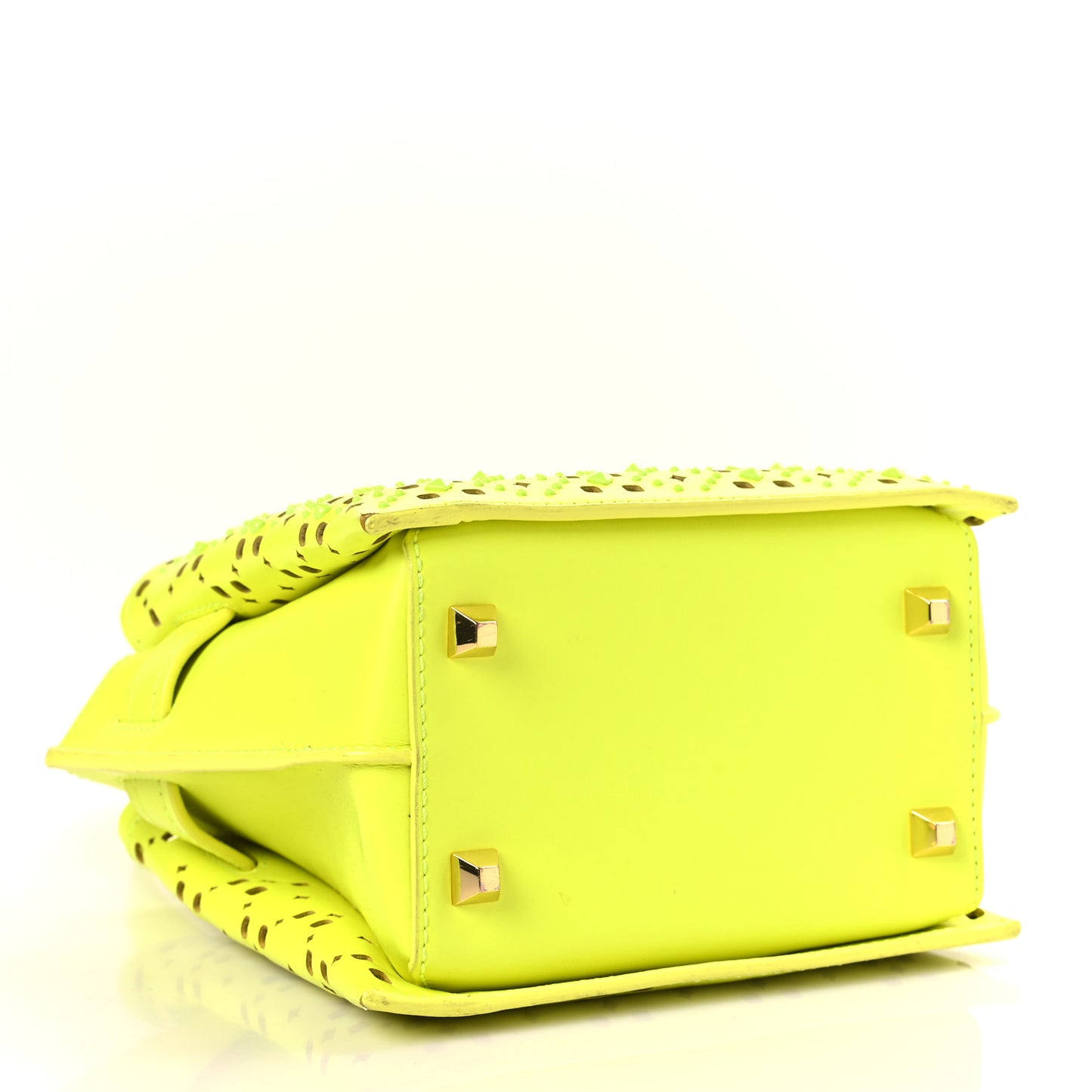 Perforated Calfskin Studded Mini Milla Tote Neon Yellow