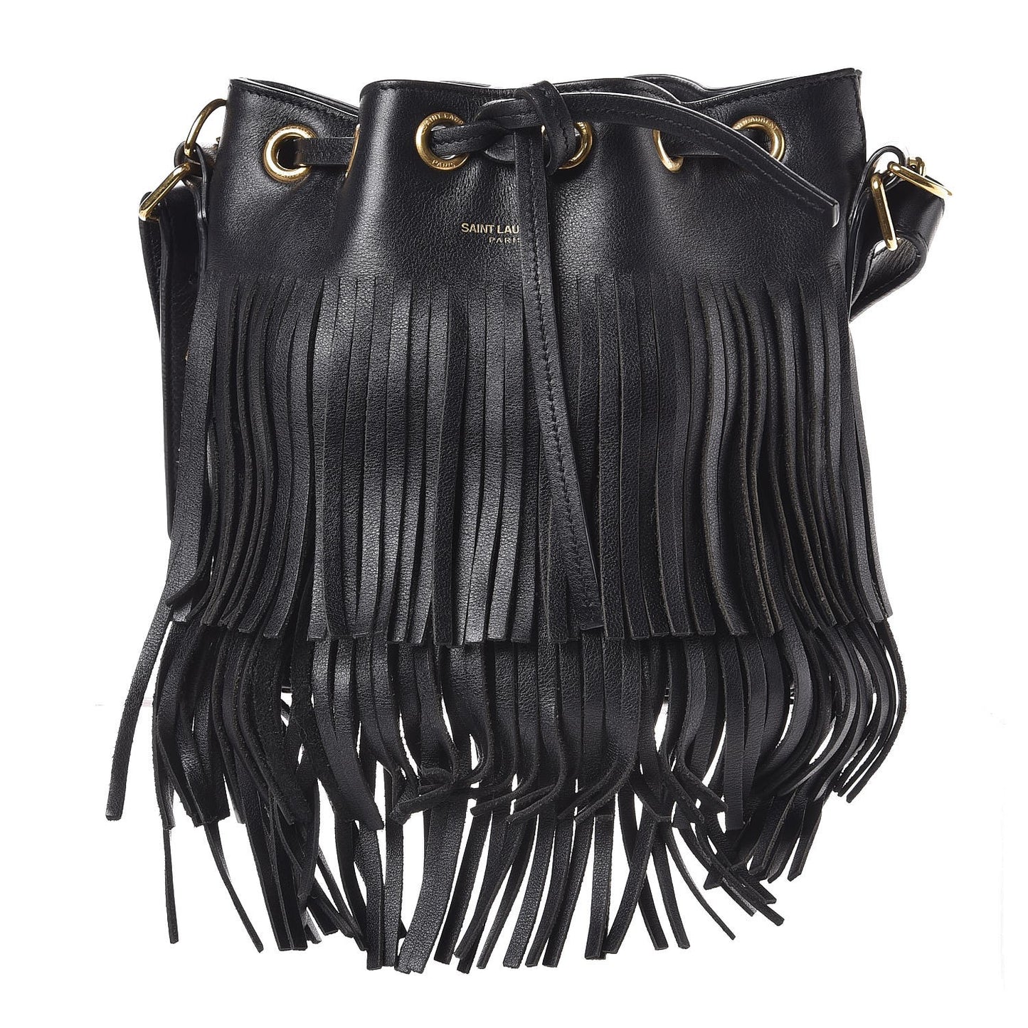 Calfskin Small Emmanuelle Fringe Bucket Bag Black
