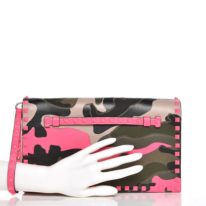 Valentino Garavani Nappa Canvas Camouflage Rockstud Wristlet Clutch Fuxia Fluo 2 of 7