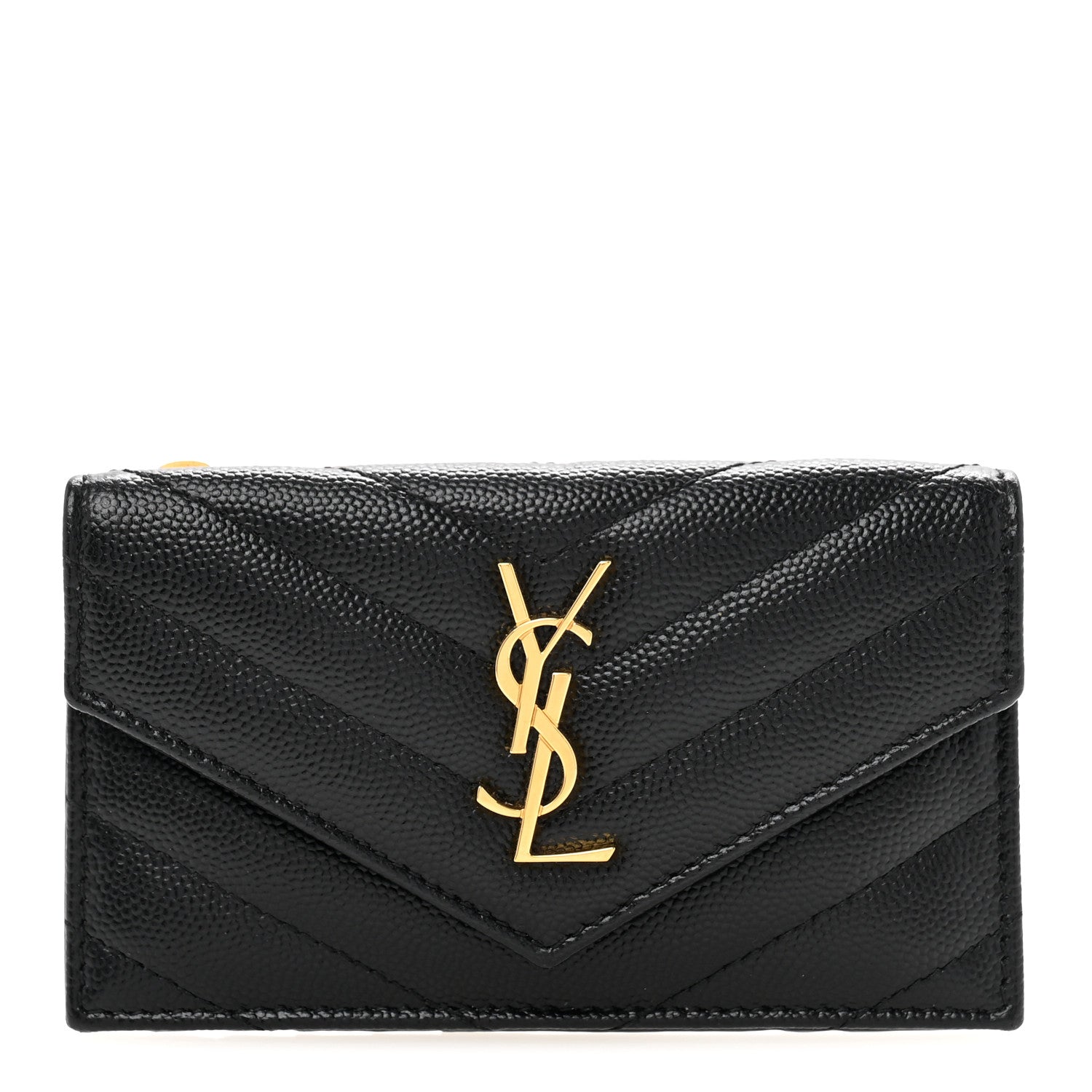 Saint Laurent Grain De Poudre Matelasse Chevron Monogram Compact Wallet Black 1 of 9