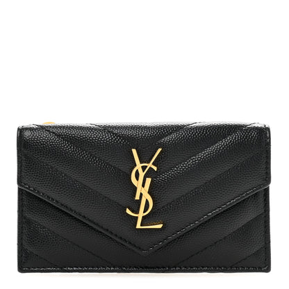 Saint Laurent Grain De Poudre Matelasse Chevron Monogram Compact Wallet Black 1 of 9