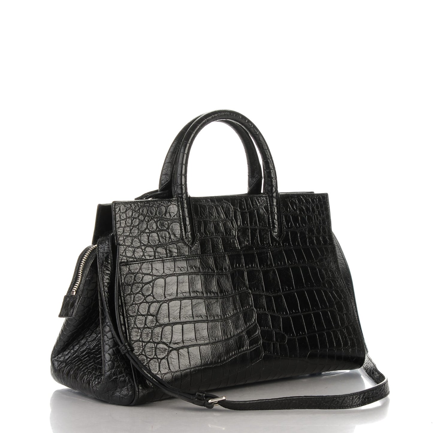 Calfskin Crocodile Embossed Small Cabas Rive Gauche Black