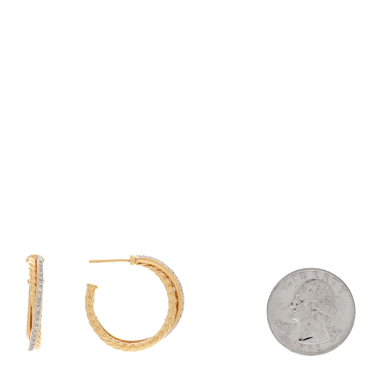18K Yellow Gold Diamond Crossover Medium Hoop Earrings
