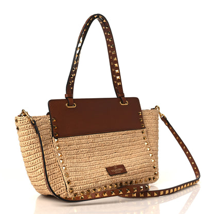 Valentino Garavani Raffia Calfskin Small Rockstud Tote Naturale Saddle Brown 3 of 8