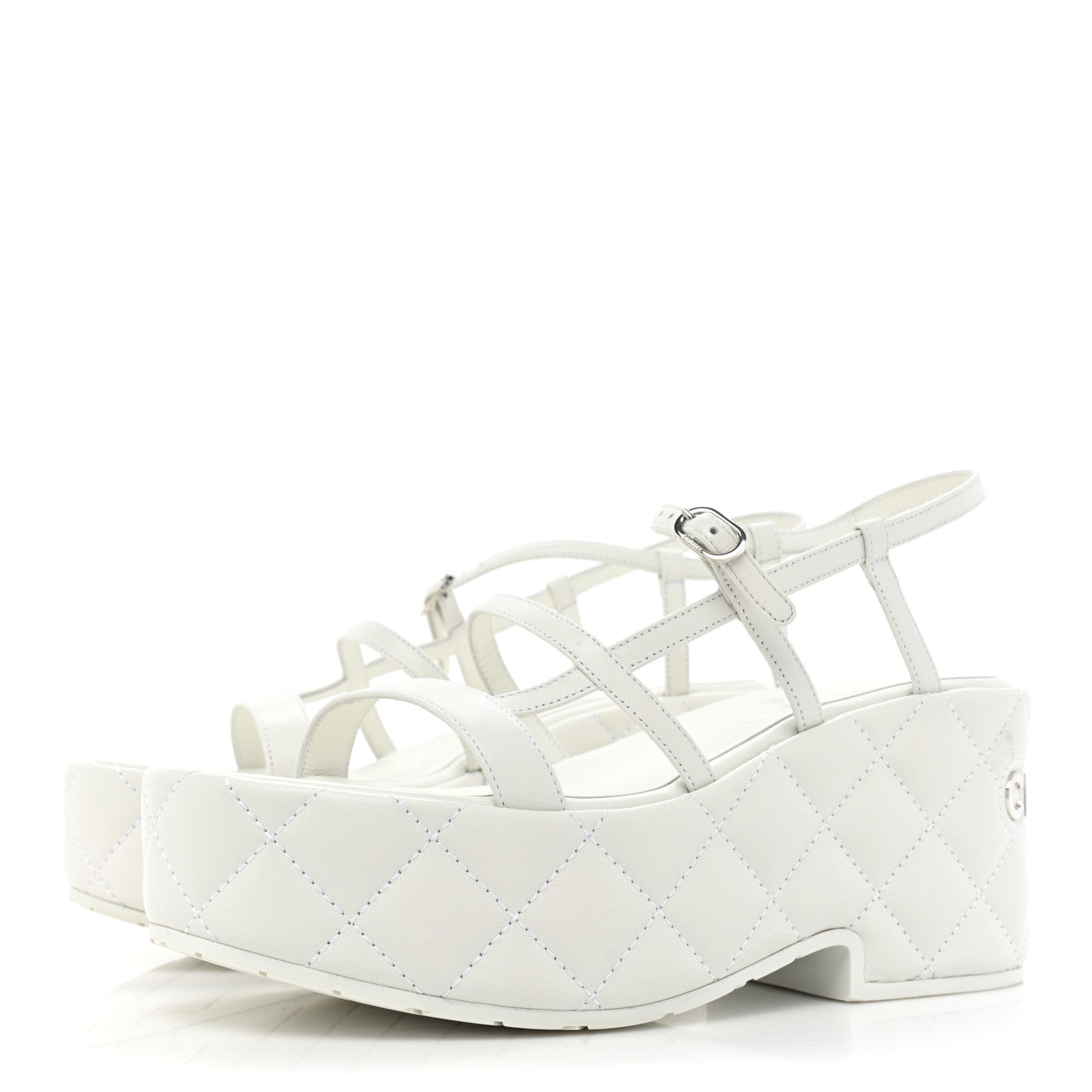 Chanel Calfskin Quilted Wedge Logo Sandals 36 White 3 of 12