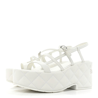 Chanel Calfskin Quilted Wedge Logo Sandals 36 White 3 of 12