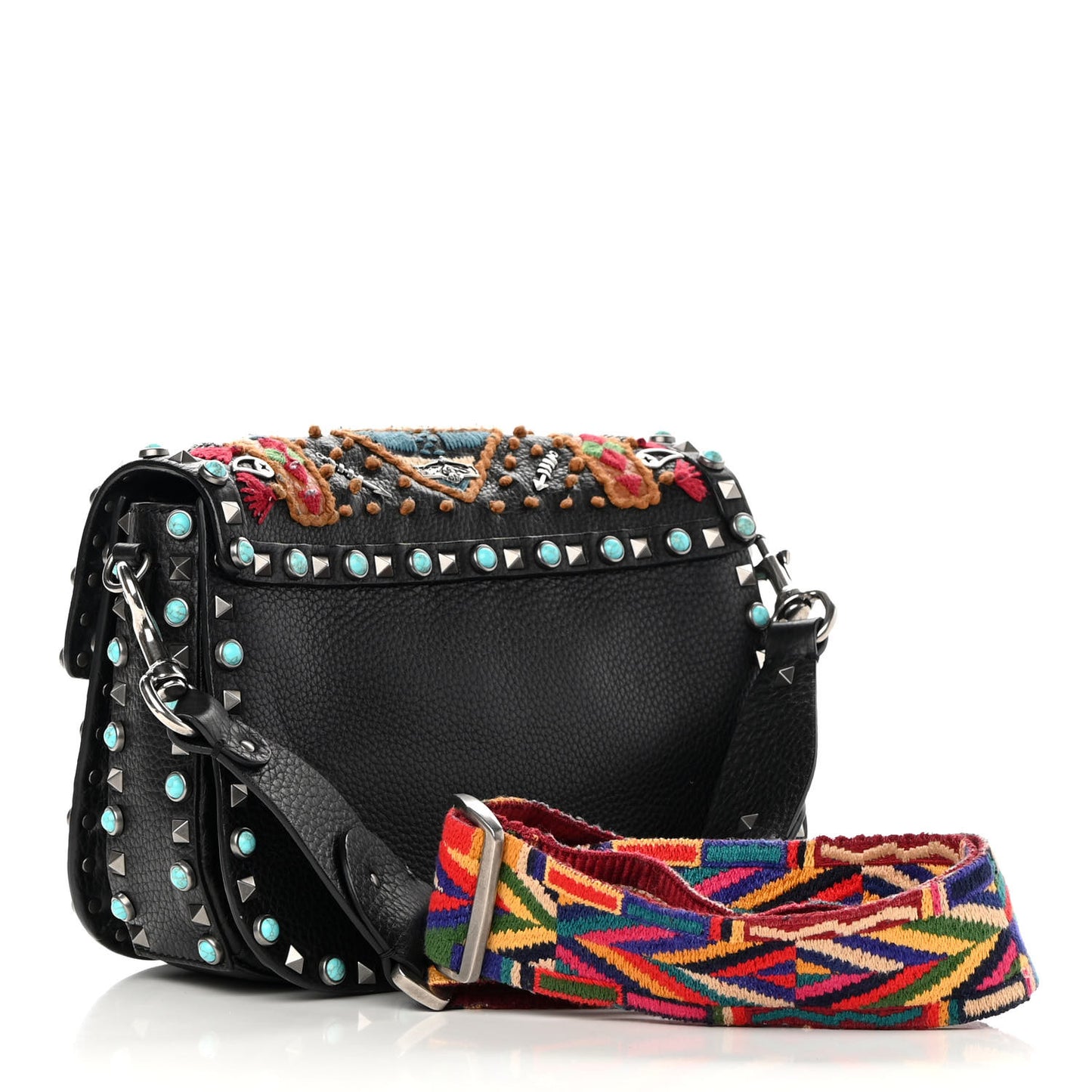 Calfskin Embroidered Medium Guitar Strap Rockstud Rolling Flap Saddle Bag Black