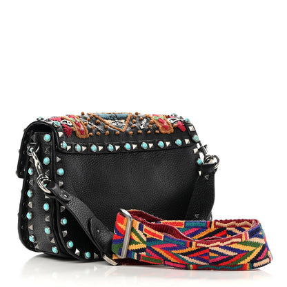 Valentino Garavani Calfskin Embroidered Medium Guitar Strap Rockstud Rolling Flap Saddle Bag Black 3 of 16