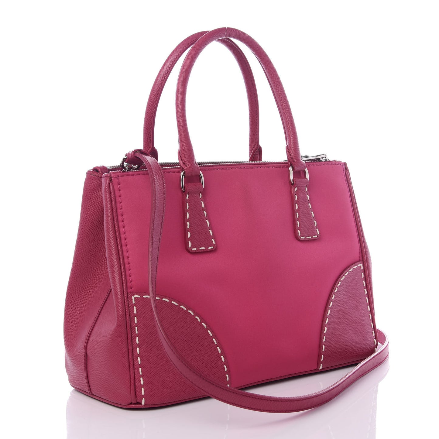 Saffiano Nylon Tessuto Stitched Small Galleria Double Zip Tote Fuxia