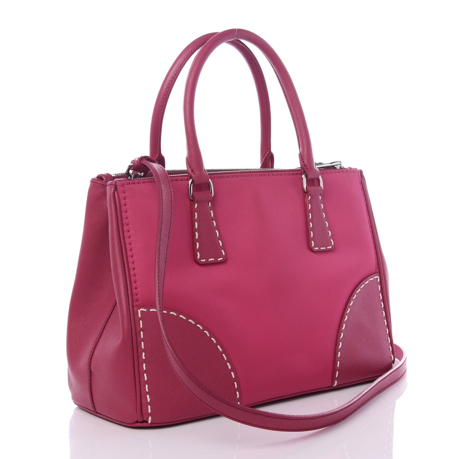 Prada Saffiano Nylon Tessuto Stitched Small Galleria Double Zip Tote Fuxia 2 of 8