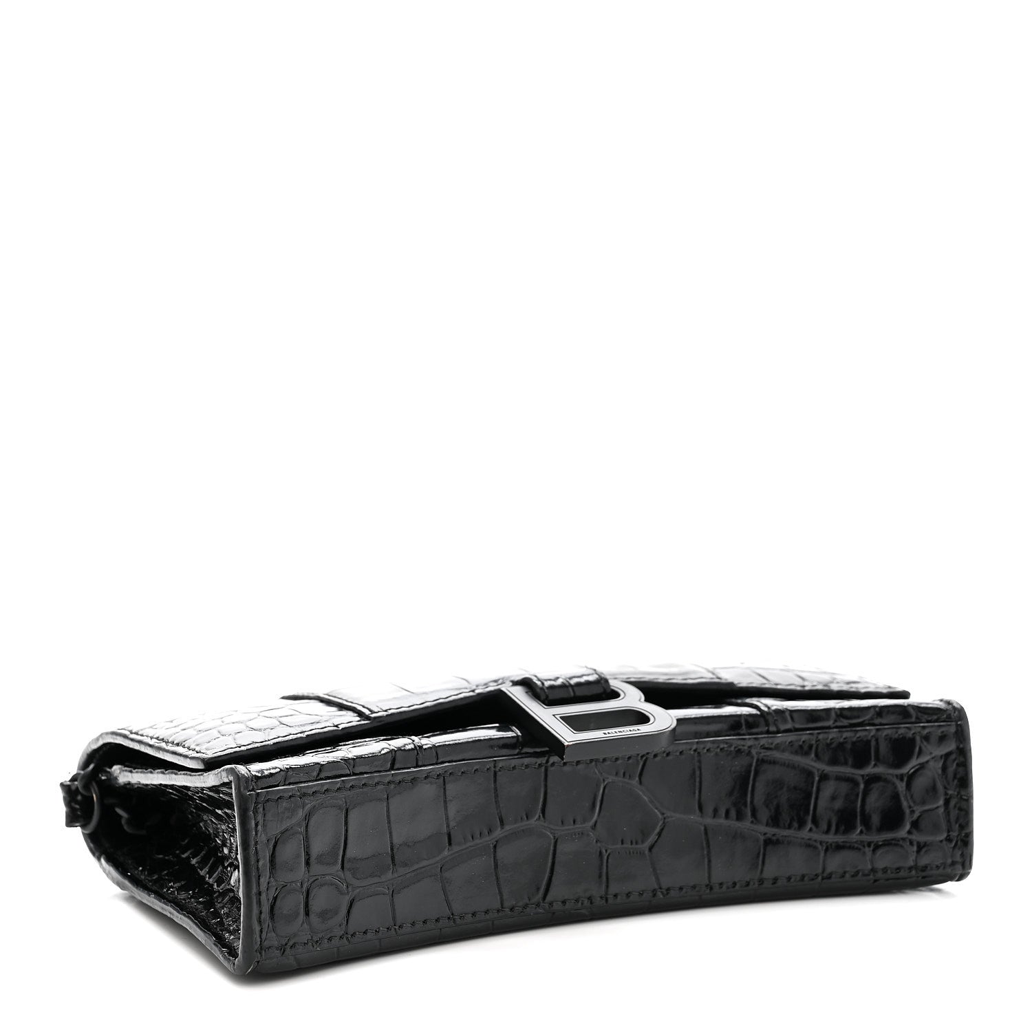 Balenciaga Shiny Calfskin Monochrome Crocodile Embossed Hourglass Chain Bag Black 4 of 12