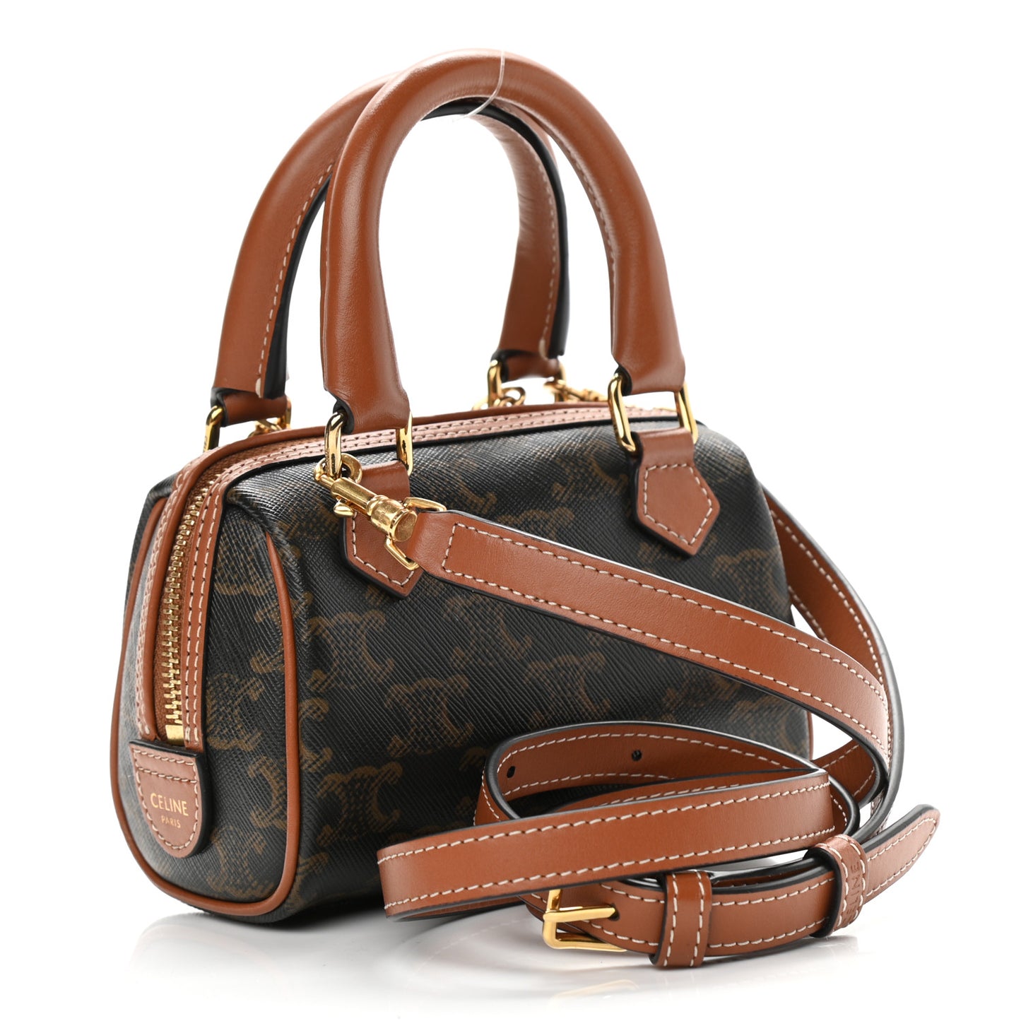 Triomphe Canvas Calfskin Mini Boston Bag Tan