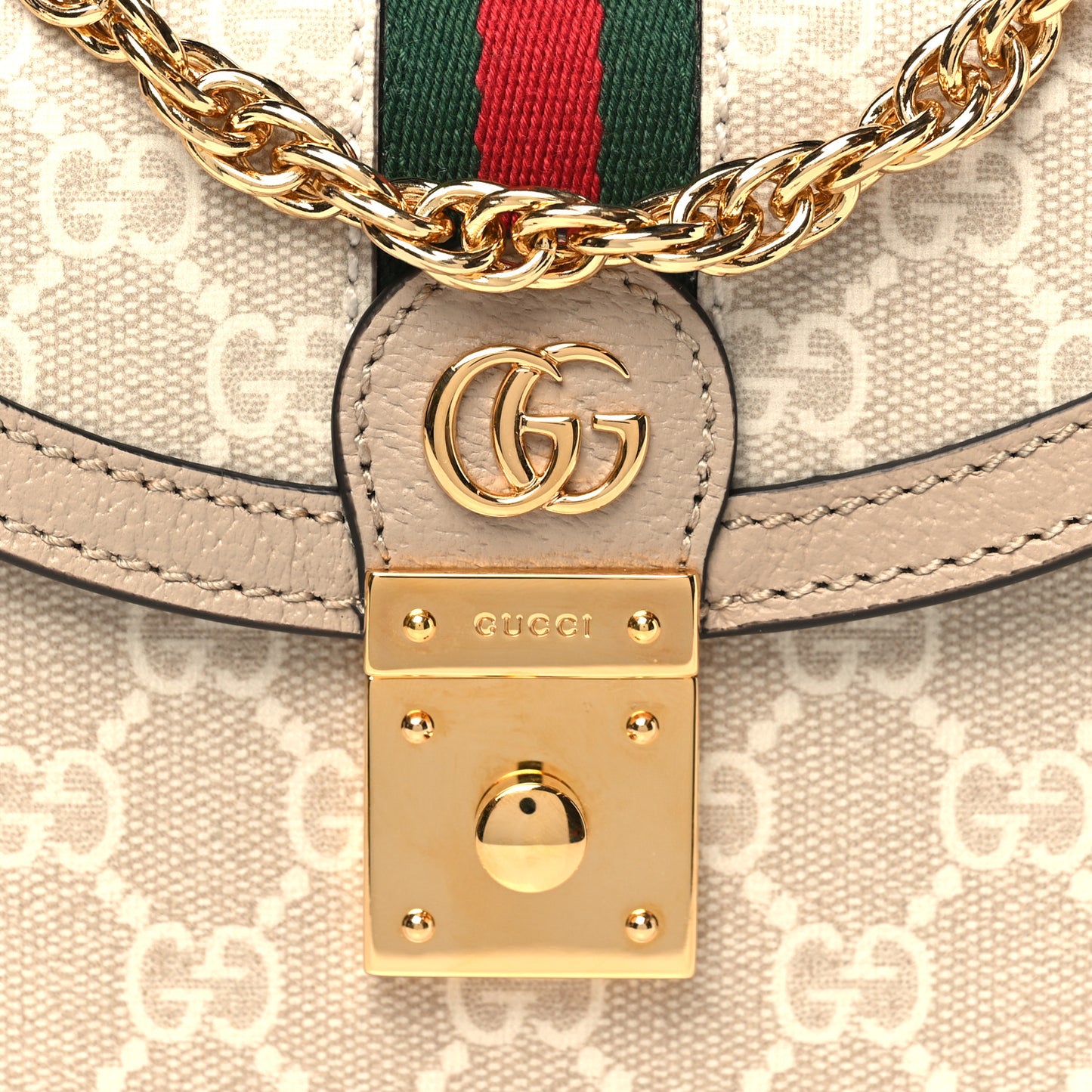 GG Supreme Monogram Textured Dollar Calfskin Web Mini Ophidia Padlock Top Handle Chain Shoulder Bag Beige Mystic White Oatmeal