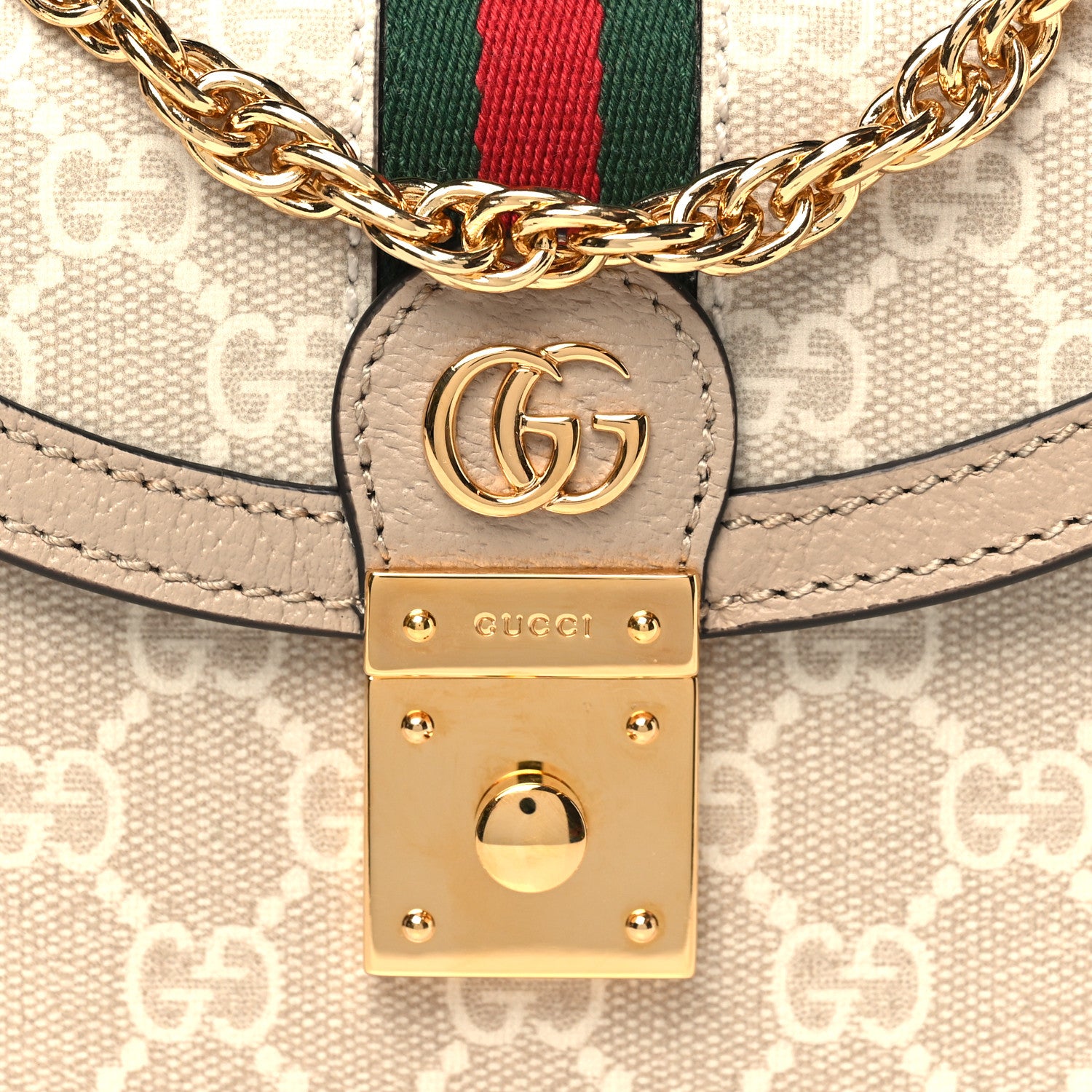 Gucci GG Supreme Monogram Textured Dollar Calfskin Web Mini Ophidia Padlock Top Handle Chain Shoulder Bag Beige Mystic White Oatmeal 7 of 10